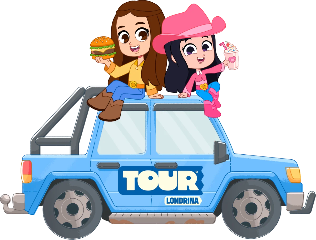 A Boiadeirinha e a Comilona sentadas no teto do carro do Tour Londrina, uma com hambúrguer e a outra com milk-shake na mão